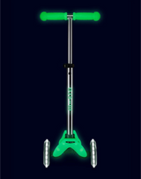 Green scooter with glowing wheels on a black background
