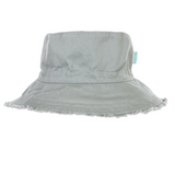 Khaki bucket hat with frayed edges on a white background