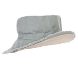 Gray bucket hat with a white rim underside on a white background