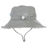 Gray bucket hat with a strap and neck toggle on a white background