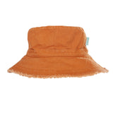 Brown bucket hat with frayed edge on a white background