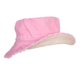 Pink bucket hat with white trim on a white background