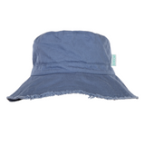 Blue bucket hat with a visible brand tag on a white background