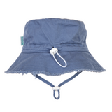 Blue bucket hat with chin strap on a white background