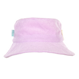 Lavender bucket hat with a brand tag on a white background