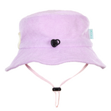 Light purple bucket hat with a black button on a white background