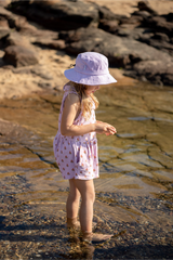 Child playing in water at a rocky beach
