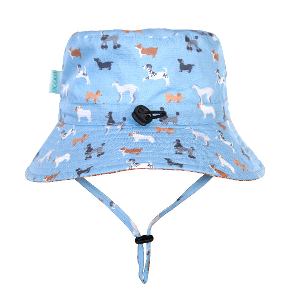 ACORN Central Park Doggies Wide Brim Bucket Hat - Blue/Brown/White back view & toggle