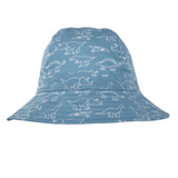 Blue bucket hat with white dinosaur pattern on a white background
