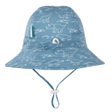Back view of Blue bucket hat with dinosaur pattern on a white background showing toggles