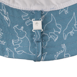 Close-up of a blue fabric with white dinosaur pattern and a white button on a white background