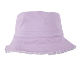 Lavender bucket hat with frayed edge on a white background