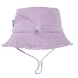 Back view of a lavender bucket hat with a strap and toggle on a white background