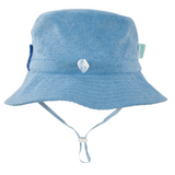 Back view of Blue bucket hat with chin strap on a white background
