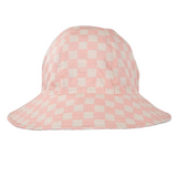 Pink and white checkered bucket hat on a white background
