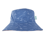 Blue bucket hat with white patterns on a white background