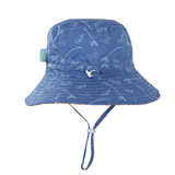 Blue bucket hat with fishing-themed pattern on a white background