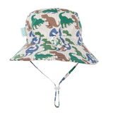Back view of Bucket hat showing toggle and head adjuster with dinosaur pattern on a white background