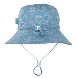 Back view of Blue bucket hat with animal pattern on a white background showing size adjuster cord and toggle