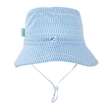 Back view of Blue and white checkered bucket hat on a white background - showing head adjuster strap and toggle