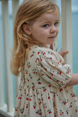 Young girl wearing a floral dress with strawberries by a window