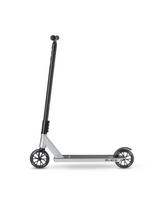 Silver scooter with black handlebar on a white background