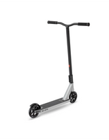 Silver scooter with black handlebar on a white background