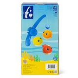 Toy fishing set packaging with blue rod, colorful fish, and ocean design on a blue and yellow background.