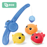 Colorful bath toy set with fishing rod and fish on a white background, featuring the 'eco' brand.