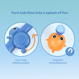 Bath toy with two-way rotating action and magnetic retractable lure on a blue background