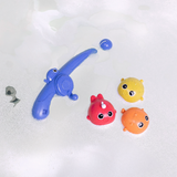 Bath toy set with a blue handheld fishing rod and colourful spherical fish toys on a white background.
