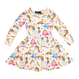 Off-white waisted dress with all-over print of colourful unicorns, flags and rainbows