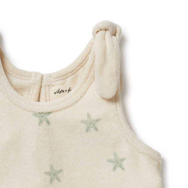 WILSON + FRENCHY Organic Terry Tie Singlet - Tiny Starfish detail view of shoulder strap tie