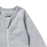 Detailed view of zip closure WILSON & FRENCHY Organic Stripe Rib Zipsuit with Feet - Blue