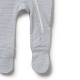 Detailed view of feet on the WILSON & FRENCHY Organic Stripe Rib Zipsuit with Feet - Blue