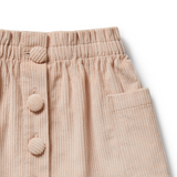 Detail view of cord covered buttons and side pocket