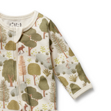 Detailed view of zip covered neck opening of WILSON & FRENCHY Little Trees Organic Zipsuit With Feet