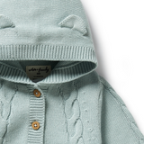 Detailed view of bear ears on knitted hood, cable knit and wooden buttons WILSON & FRENCHY Duck Egg Organic Knitted Cable Jacket