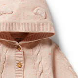 Detailed view of bear ears on hood, cable knit and wooden buttons on WILSON & FRENCHY Fairy Floss Organic Knitted Cable Jacket