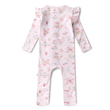 Back view of Floral-patterned baby onesie on a white background