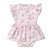 Floral baby romper with ruffled sleeves on a white background