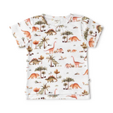 Children's t-shirt with dinosaur and plant pattern on a white background