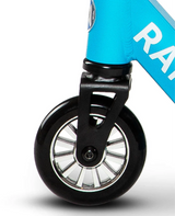 Close-up of a scooter wheel with a blue handlebar and 'R' word visible