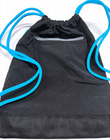 Black drawstring bag with blue strings on a white background