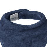 Blue bib with a brand label on a white background