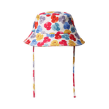 Colourful floral bucket hat with chin strap on a white background