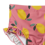 Pink swim ruffle bottoms with yellow lemon pattern on a white background