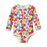 Colourful floral-patterned baby swimsuit on a white background