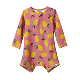 Pink baby onesie swimsuit with lemon pattern