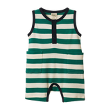 Green and white striped romper with black trim on a white background